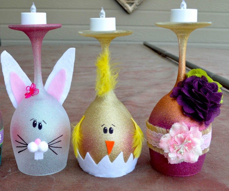 Vinglas målar idéer-barns födelsedag-påsk-kanin-fågelunge-värmeljus-vinglas