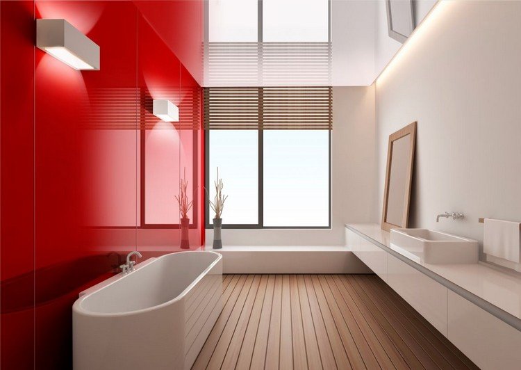 Glas istället för kakel badrum-röda väggpaneler-vägglampor-trägolv
