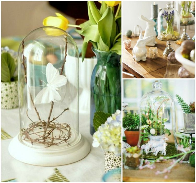 glas-klocka-dekorera-vår-dekoration-idéer-kvist-fjäril-vita-ägg-druva-hyacint-får-keramik
