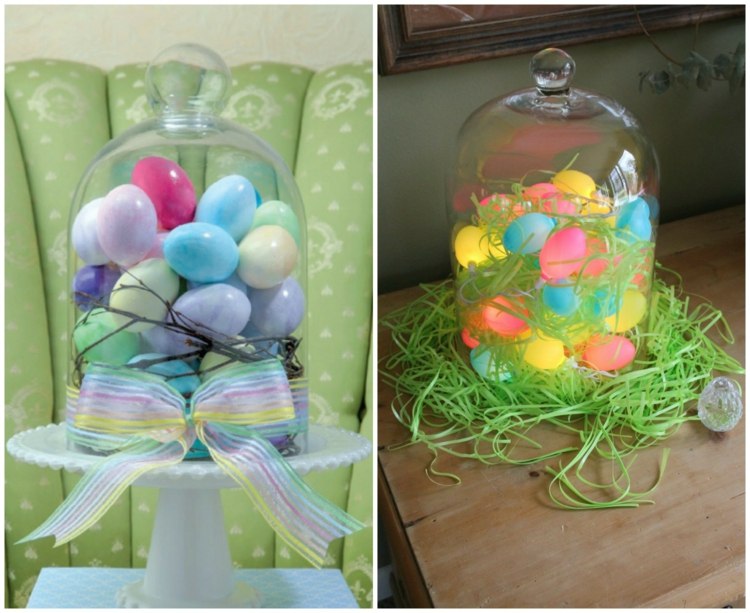 glas-klocka-dekorera-deco-idéer-färgglada-band-kvist-papper-ränder-gul-rosa-blå-grön-ägg-fairy lampor