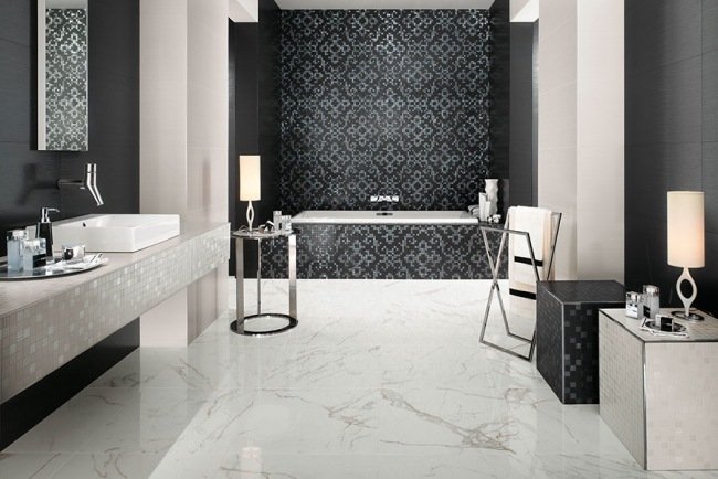 badrumsplattor svart vit marmor barockmotiv atlas concorde