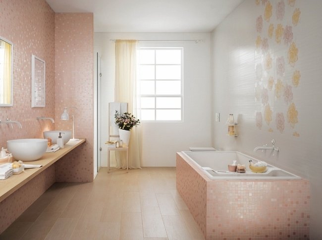 feminina badrumsdesign mjuka rosa färgplattor mosaikblommor