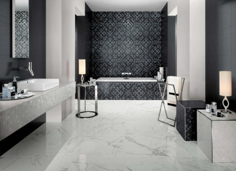 badrumsplattor mosaikmönster elegant marmorgolv svartvitt