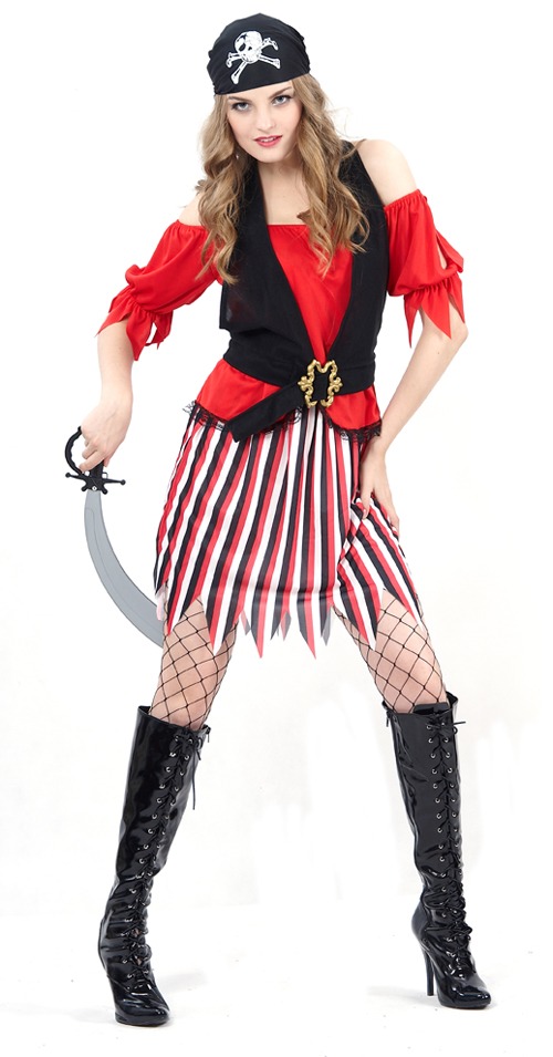 billiga karnevalskostymer damer pirat röd svart