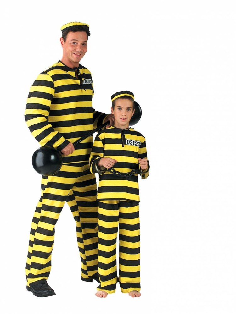 billiga karnevalskostymer fångar-roliga-män-barn-gula-ränder-svart