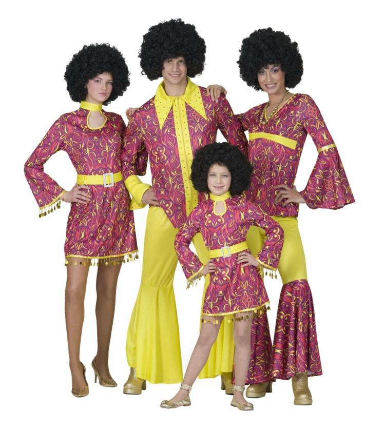 billiga-karneval-kostymer-hippie-familj-peruker-rosa-gula-kläder