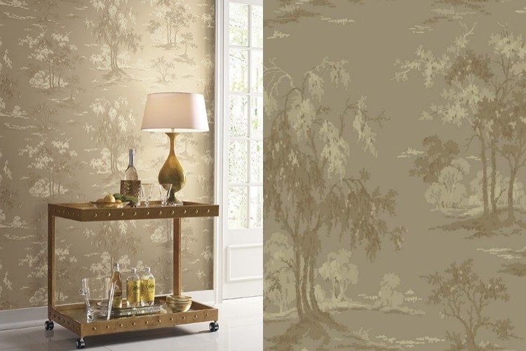 gyllene-tapeter-moderna-träd-mönster-nyans-beige-sidobord-vintage