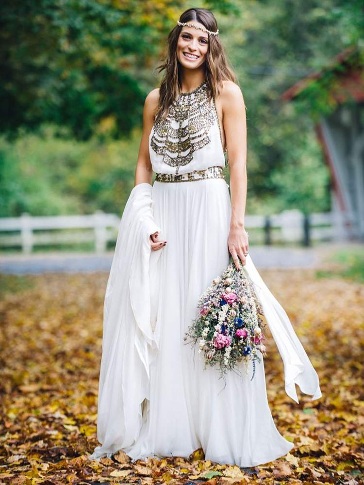 vit bröllopsklänning hippie stickat guld