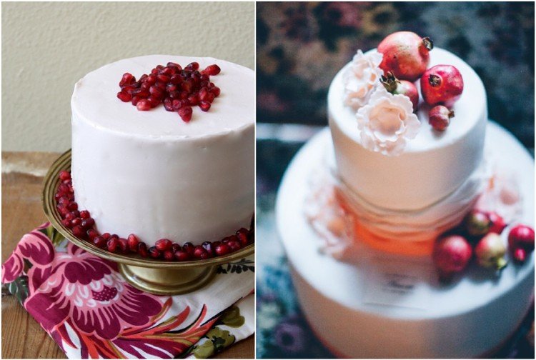 Tårta med vit glasyr och granatäpplekärnor som dekoration