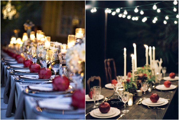 långa bröllop bord dekorera röda granatäpple ljus i mitten