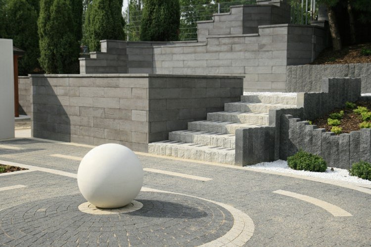 Granit palissad trädgård-trappor-sten-vit-boll-skulptur