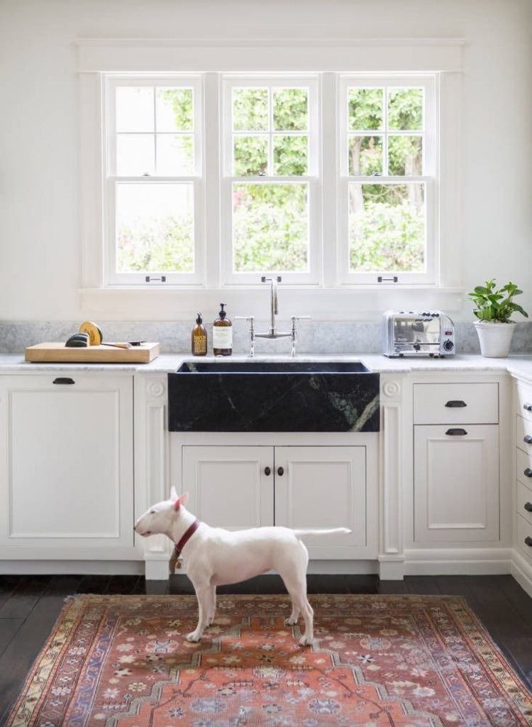 svart handfat i köket med matta och hund