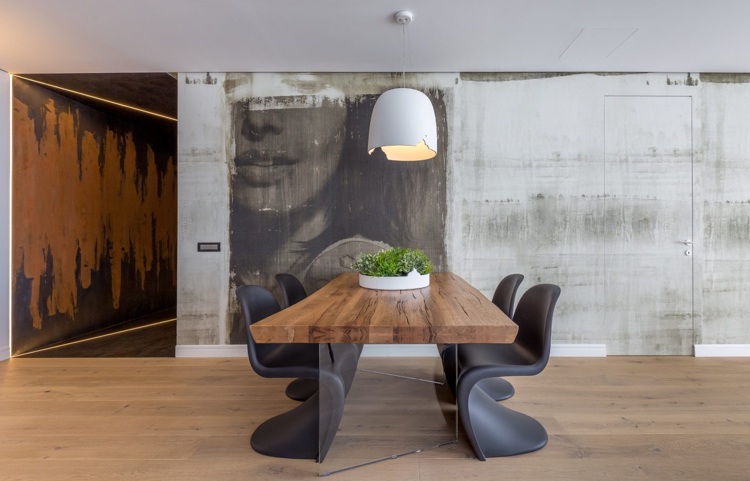 grå möbler fototapet grå betongbord i trä panton stolar