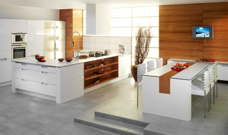 grå plattor ljusa steg matbord vit trä färg modernt kök