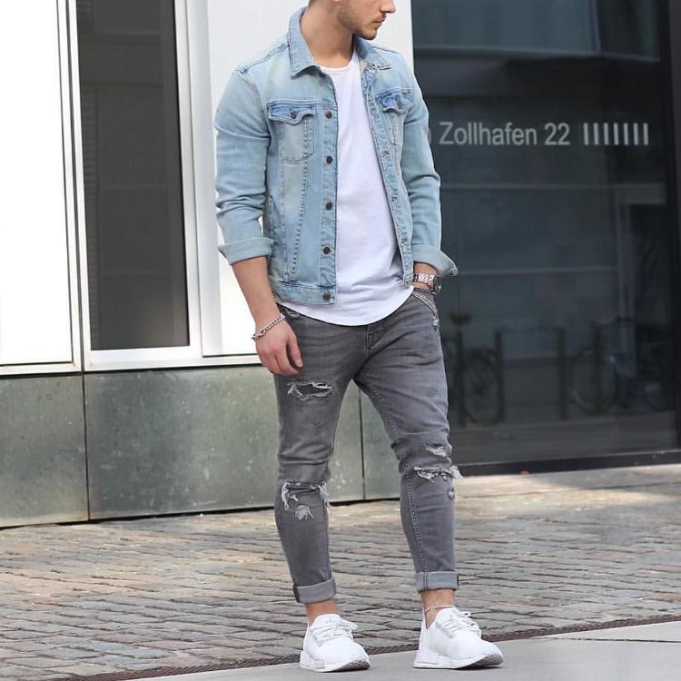 grå jeans kombinera män herr t shirt denim jacka ljusa sneakers