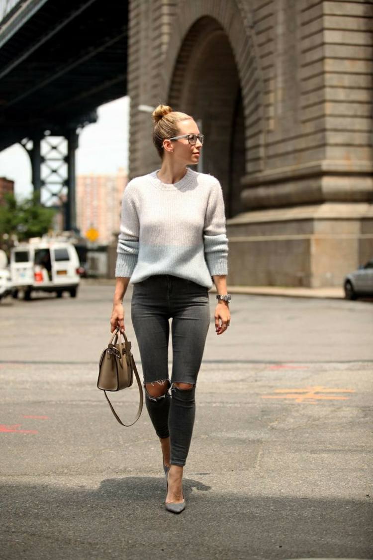 grå hög midja jeans outfi idéer vintermodetrender kvinnor