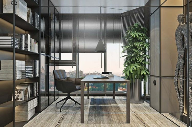 grå möbler studie-fönster reception-modern-hylla-metall-persienner