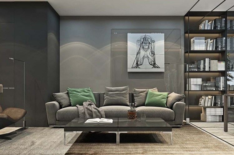 grå möbel soffa-studie-vägg design-väggmålning-soffbord-högglans
