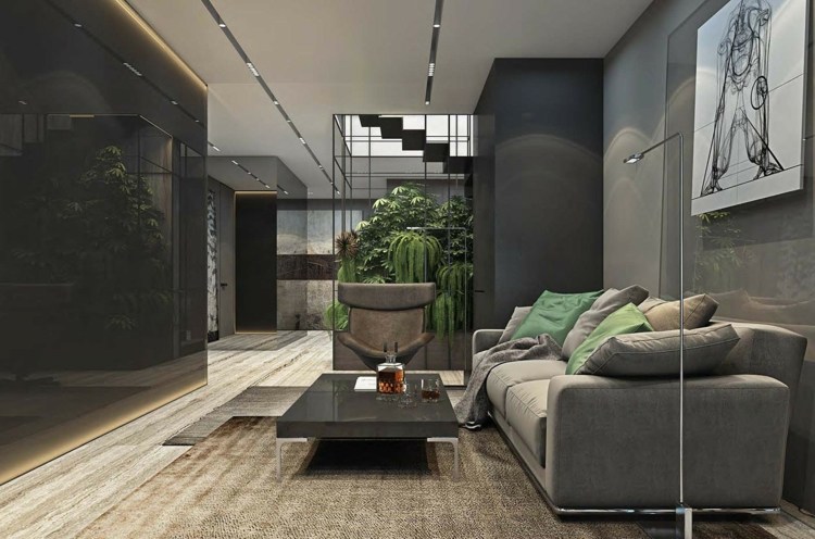 grå möbler monokrom färgpalett-högglansiga paneler-levande vägg