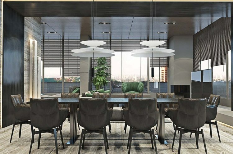 grå-möbler-matbord-moderna-lampor-vägg-färg-mörkgrå