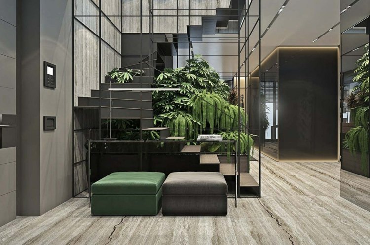 grå-möbler-hall-trappor-metall-räcken-dekorativ-natursten