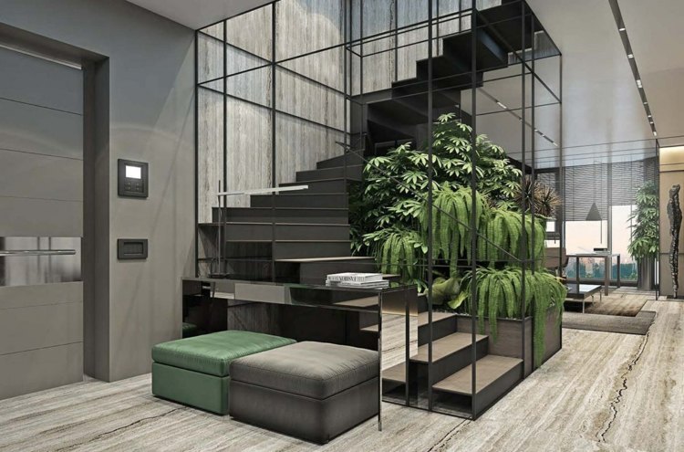 grå-möbler-trappor-trädgård-vertikala-led-lampor-pall-metall