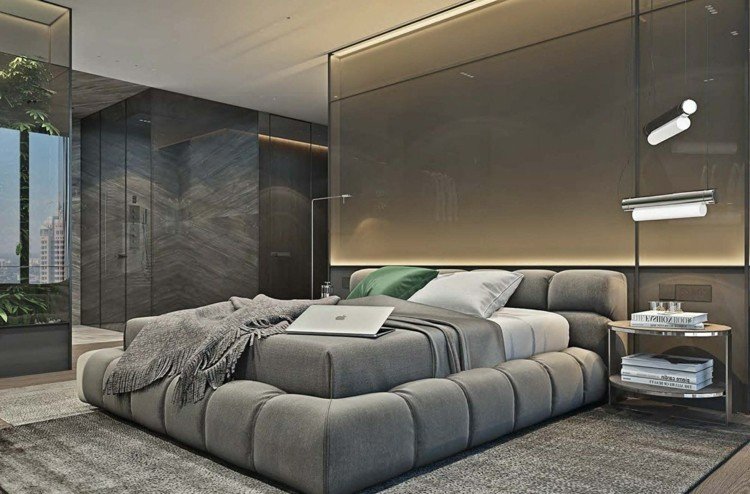 grå-möbler-inredning-design-vägg-dekoration-paneler-högglans-stoppad säng