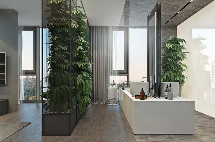 grå-möbler-badrum-fåfänga-vit-vertikal-trädgård-skiljevägg