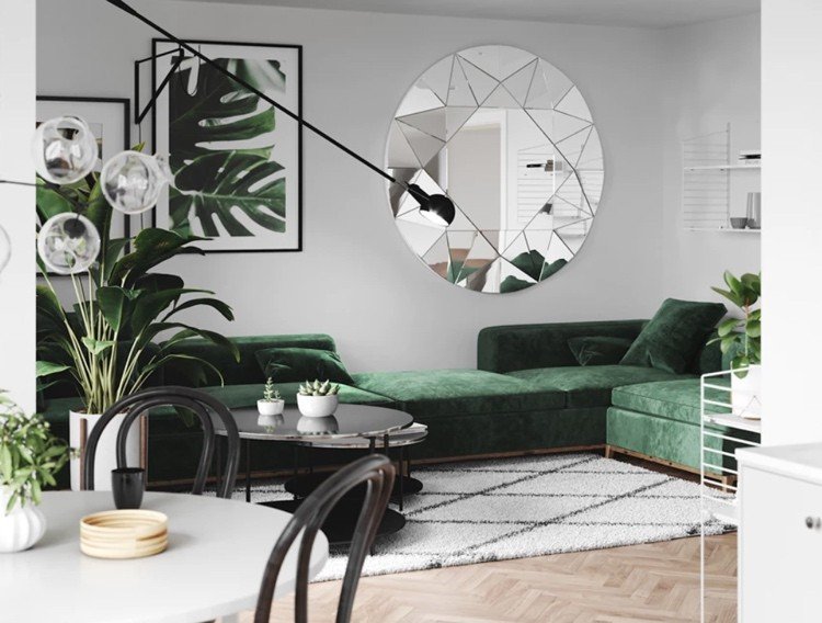 inredning idéer grön soffa och svartvitt