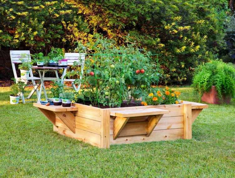 planter-trä-trädgård-gräsmatta-upphöjd säng-tomat-växt-plantering bord