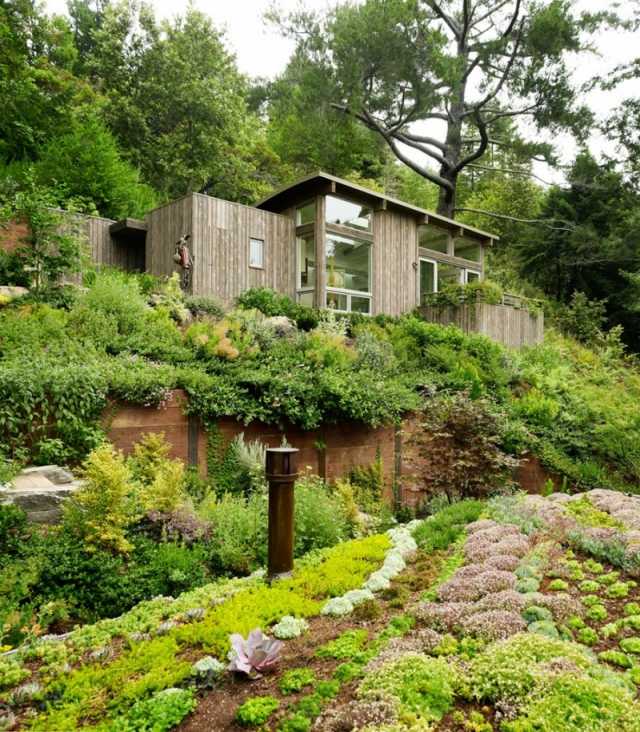 designelement trädgård design bygga trähus i skogen på sluttningen