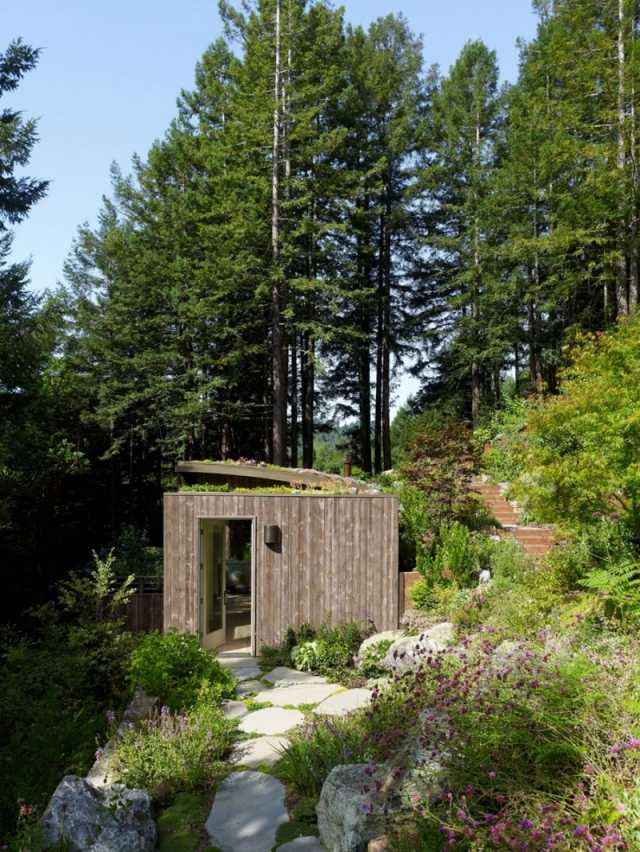 idéer design landskap på sluttningen gångvägar trähus i skogen