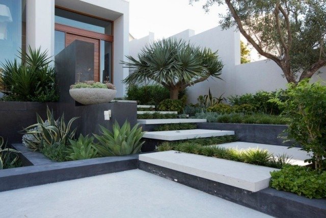 Modernt trädgårdslandskap design-betongplattor trappa