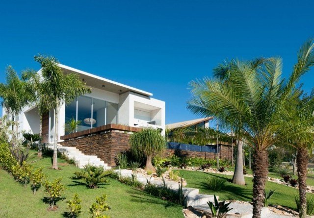 Arkitekt hus modern palm trädgård design-exotiska träd-buskar