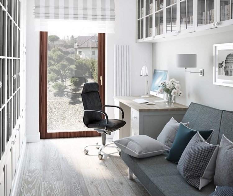 Inreda en arbetsplats med en soffa i en modern lantlig stil