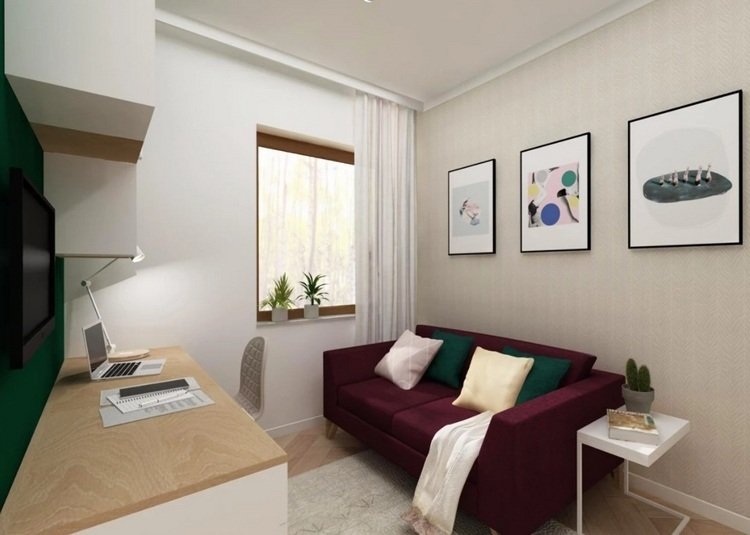 Inreda ett arbetsrum med en soffa i beige och vitt