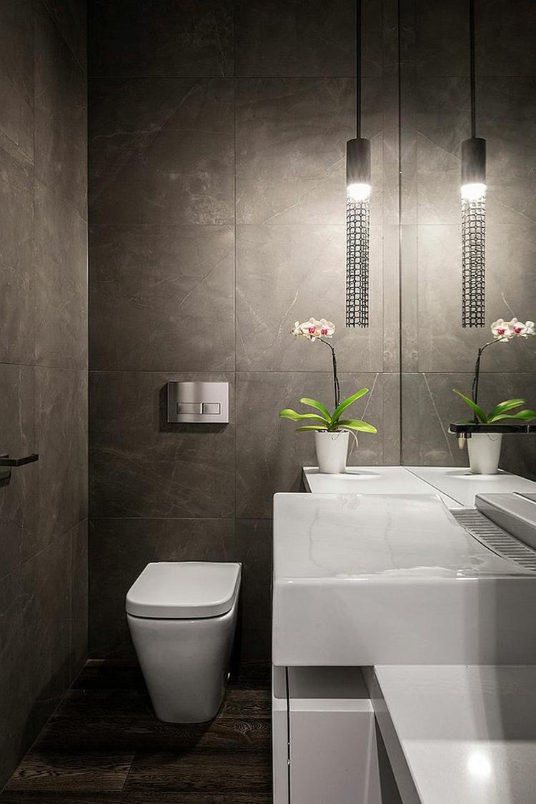 WC gäster design idé modern stil hängande lampa vit möbel vägg svart