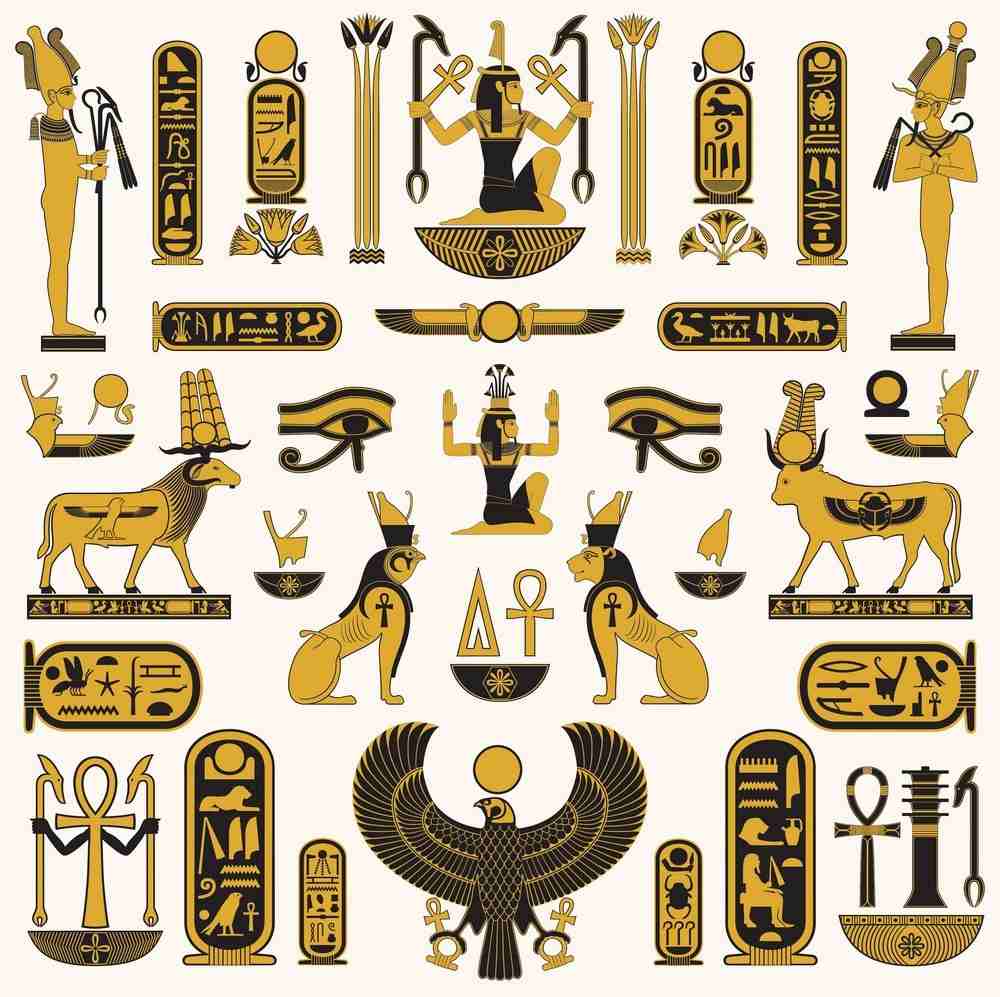 mytologi och symbolik från Egypten med de gamla karaktärernas språk