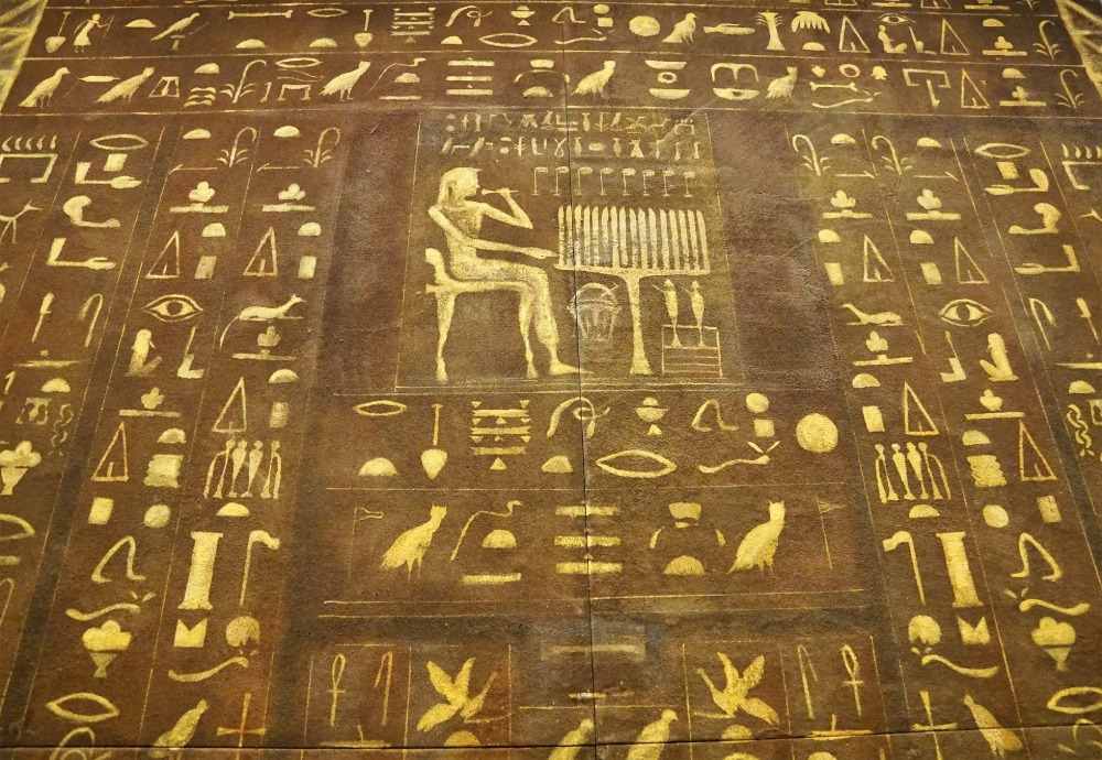 många teckningar och deras betydelser på en vägg i det antika Egypten