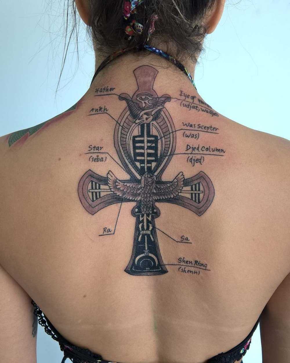 kvinna med egyptisk tatuering på ryggen bestående av djed -symbol och ankh -kors med förklaringar