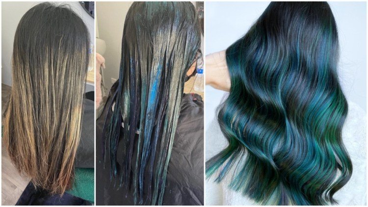 trådar av grönt och blått på svart hår