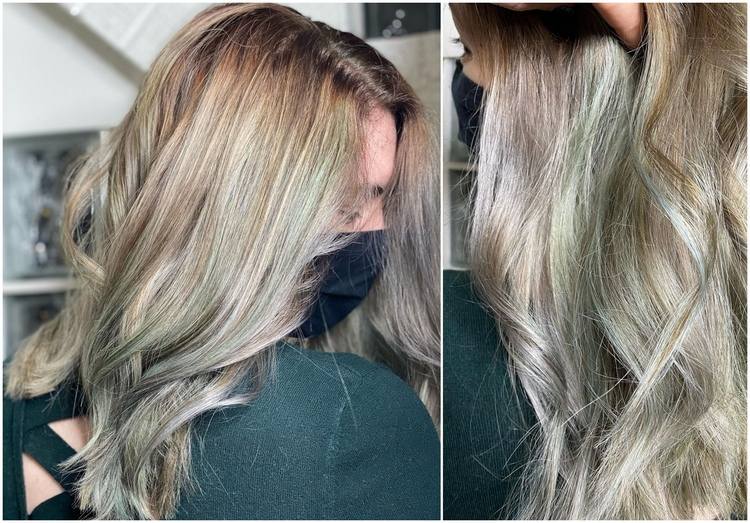 silvergröna höjdpunkter på mellanblont hår