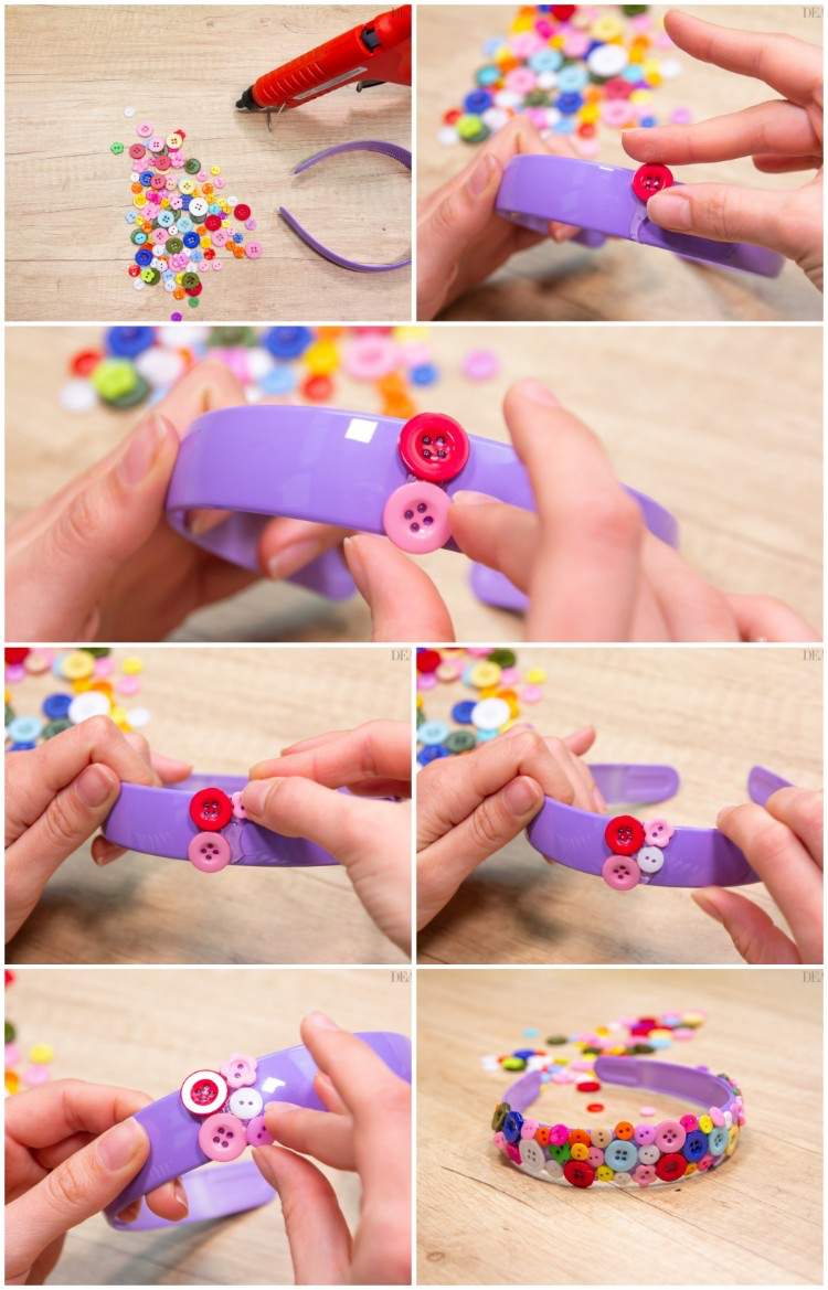 Gör dina egna hårtillbehör för barn och pryd färgglada pannband i plast med knappar