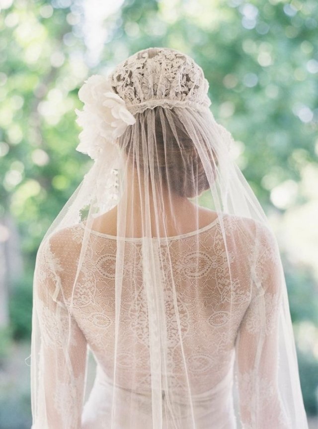 Retro bröllopsklänning-spets-stickad-slöja-brud-mössa-elegant-vintage-look
