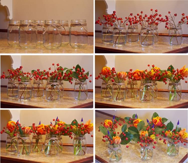 Nypon-dekoration-tinker-idéer-bord-dekoration-blommor-glas-burkar-färska-tulpaner-orange