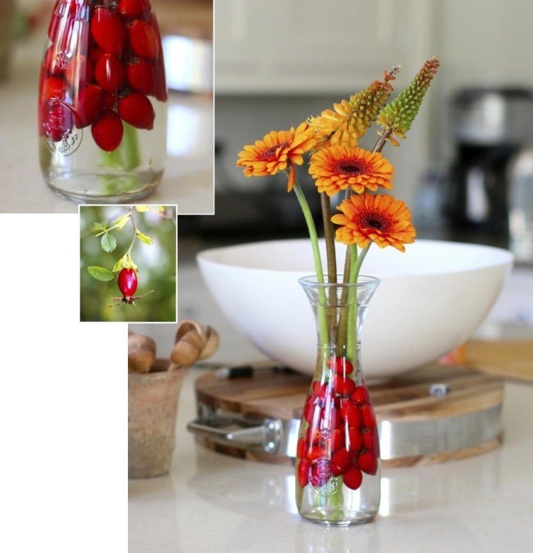 Nypon-dekoration-tinker-idéer-blomma-vas-glas-blommor-vatten-bord dekoration
