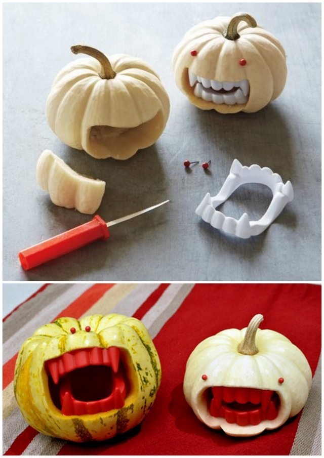 halloween-dekoration-hemlagad-idé-mini-pumpor-monster-nålar-tänder