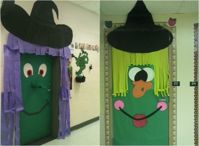 halloween-dörr-dekoration-idéer-häxa-grönt-papper-svart-hatt
