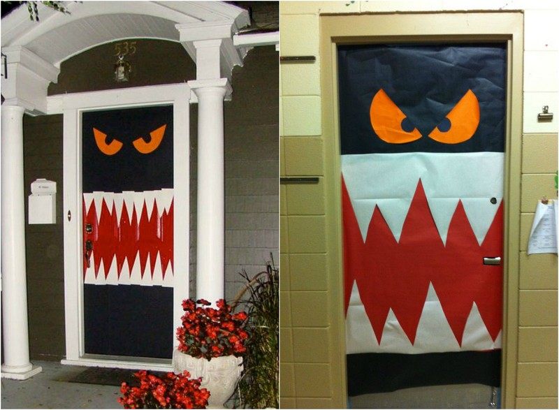 halloween-dörr-dekoration-idéer-monster-orange-färgade-ögon-vassa tänder