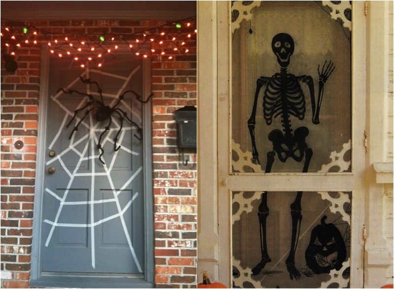 halloween-dörr-dekoration-idéer-målarens tejp-spindelnät-skelett-klistermärke